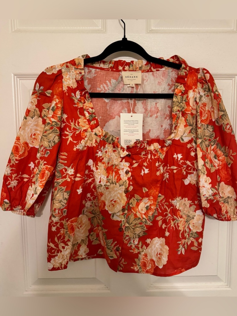 Sézane Red Floral Puff-Sleeve Blouse